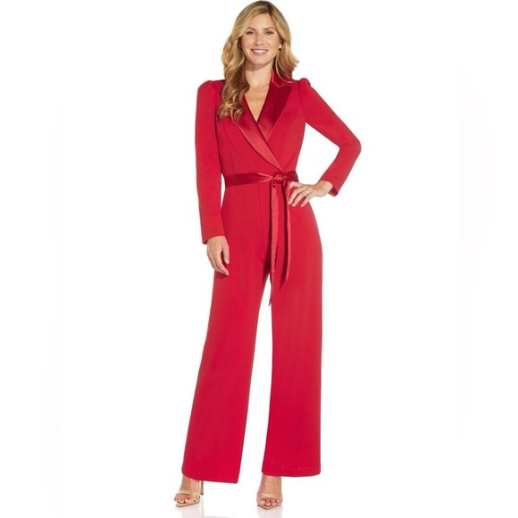 Adrianna Papell womens Knit Crepe Tuxedo Jumpsuit in Bold Red